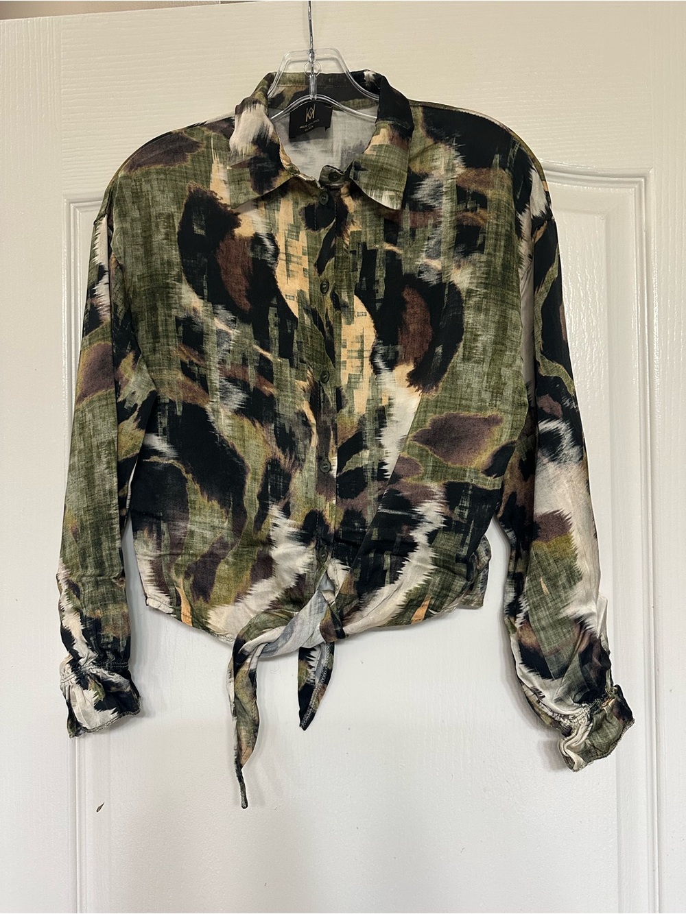 Milio Milano Black Abstract Animal Print Tie Front Blouse XS Made in Italy